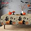 Tablecloth 1 piece 2d flat with a beige fabric pattern on the bottom, black cat wizard hat, pumpkin spider web, yzb