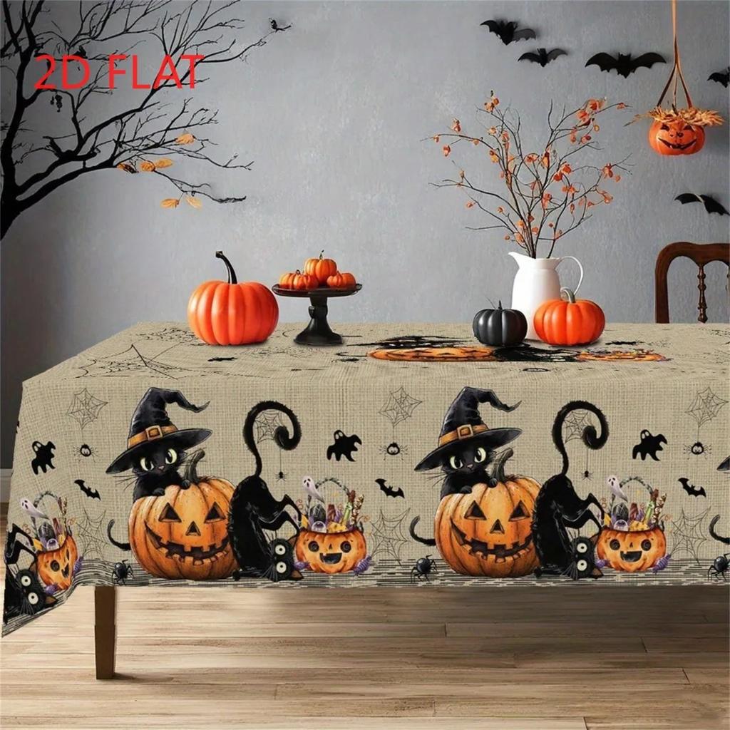 Tablecloth 1 piece 2d flat with a beige fabric pattern on the bottom, black cat wizard hat, pumpkin spider web, yzb