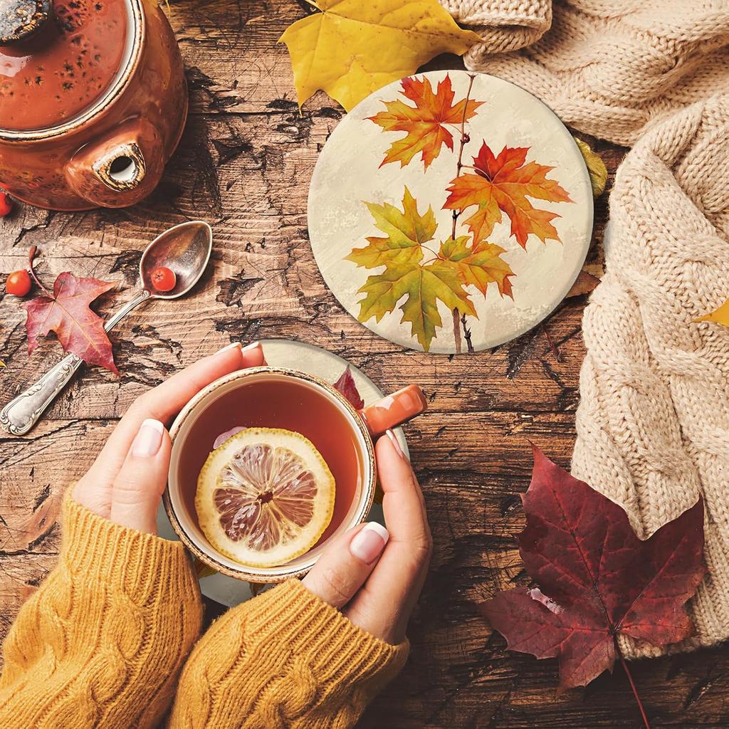 4Pcs Fall Thanksgiving Coasters Vintage Autumn Leaves Ceramic Coasters Absorbent Harvest Cup Mat for Mugs Cups Home Kitchen Office Party Table Decor