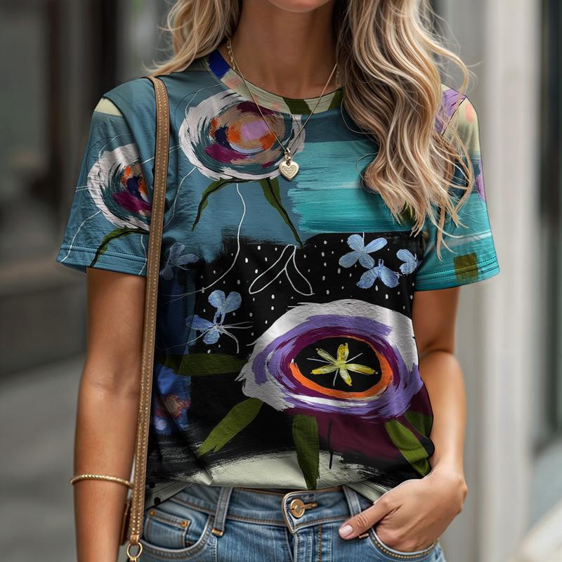 T-shirt da donna estiva a girocollo a maniche corte con motivo astratto stampato in 3D, artistica, leggera, casual e alla moda