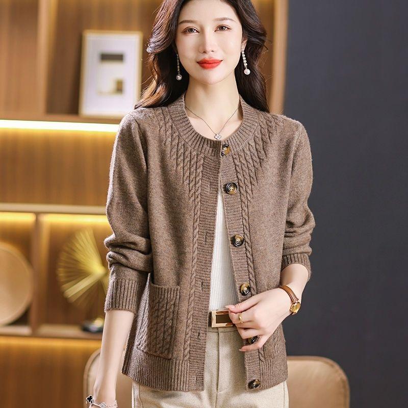 Women Knitted Cardigan Spring Autumn V Neck Button Closure Long Sleeves Solid Color Middle Age Ladies Coat Top Streetwear