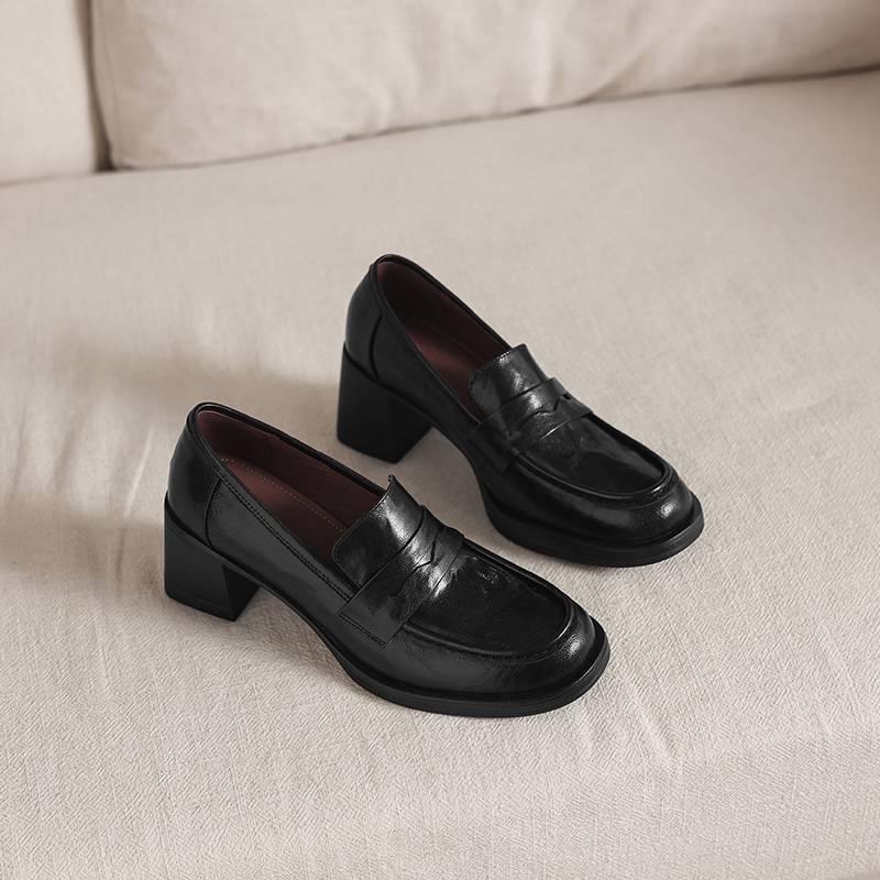 Krazing Pot Sheepskin Round Toe Thick Med Heels Spring Shoes Slip On Big Size 42 Loafers Women Platform Pumps