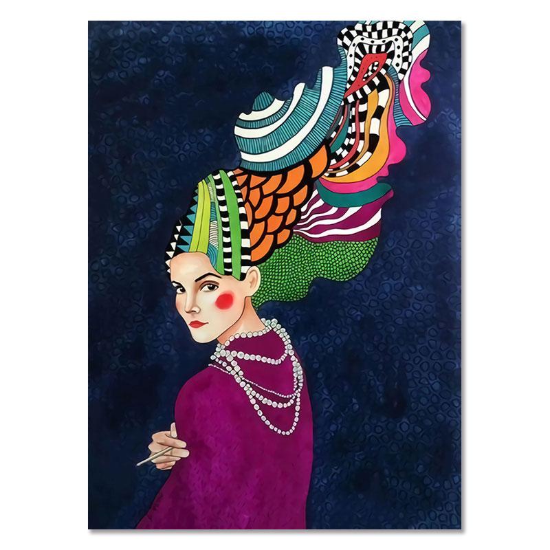 Moderne kvinner Fargerike blomsterhår Pike Veggkunst Lerretsmaling Nordisk plakat Vintage veggbilder til stuen