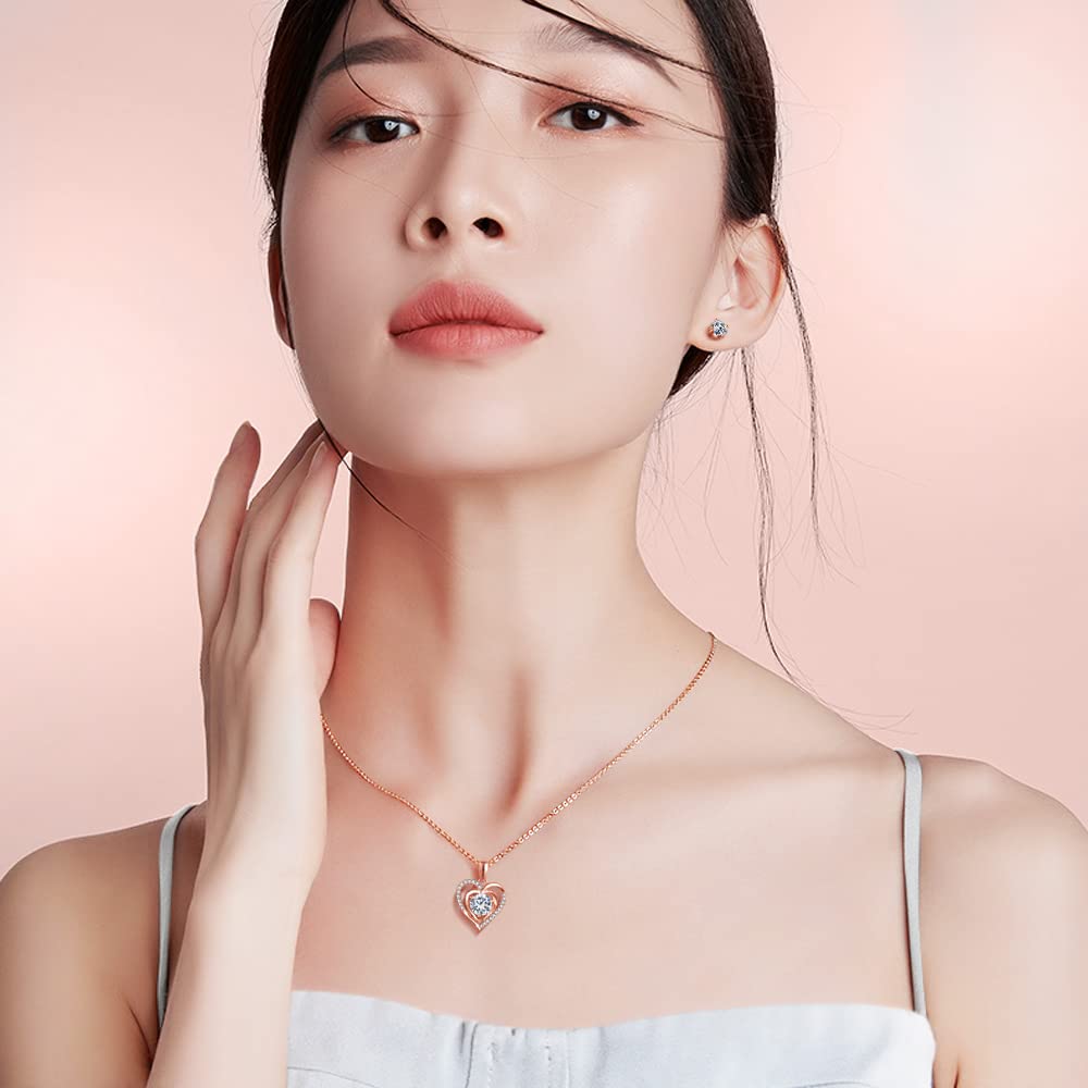 Heart Necklace for 5A Necklace and Earrings Rose Silver Metal Popular Jewelry [Free bird] Women, Zirconia, Set, Gold, Heart, 925, Allergy, Birthday,