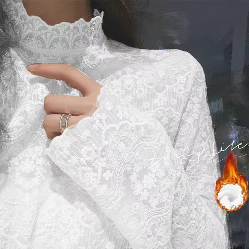 

Spring Autumn Stand Collar Lace Bottomed T-shirt Women Sweet Long Sleeve Mesh All-match Pullover Tee Top S