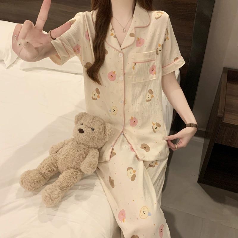 Short-sleeved Trousers, Summer Pajamas, Women's Cardigan, Casual Home Service 2-piece Suit
