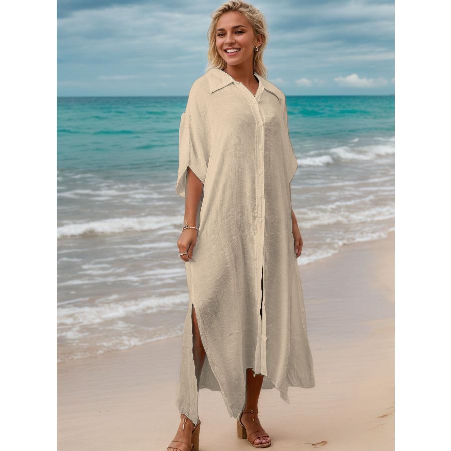 Women's Solid Color Beach Cover Up Loose Long Button Down Shirt Dress, Open Front Vacation Robe 0994 KTY