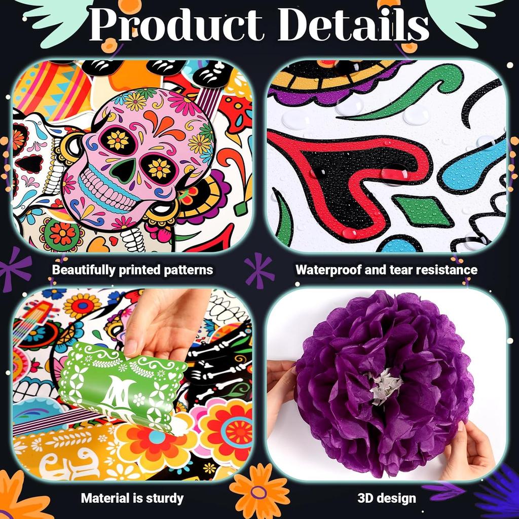 Pasimy Day of The Dead Bulletin Board Set Colorful Sugar Skull Classroom Decorations Mexican Dia De Los Muertos Cutouts with 3D Paper Flowers for