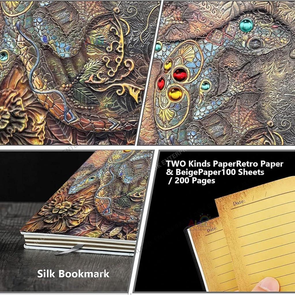 Superaura 3D Lizard DND Vintage Leather Journal Writing Notebook with 200 Pages A5 Journal Diary,Antique Handmade Leather Diary