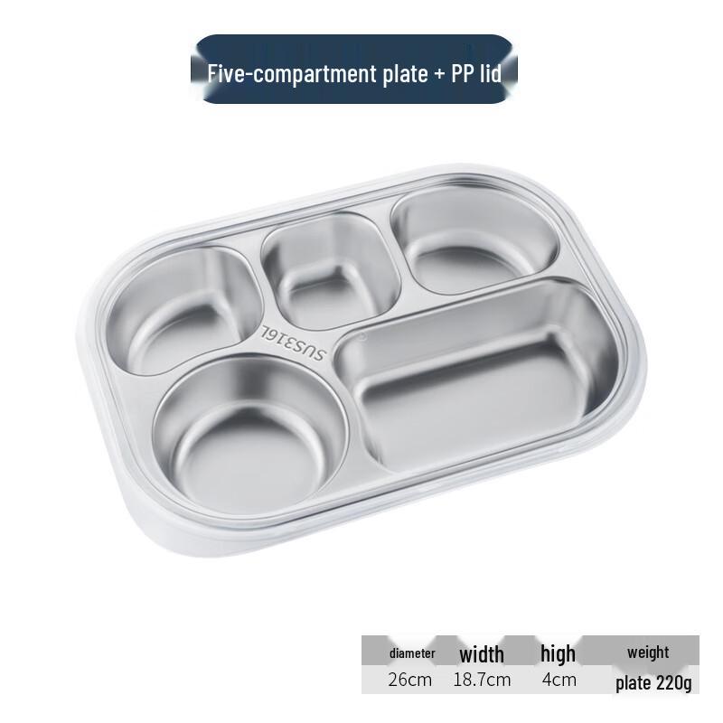 UD316 Stainless Steel 5-Compartment Meal Tray 5-Compartment with PP Lid