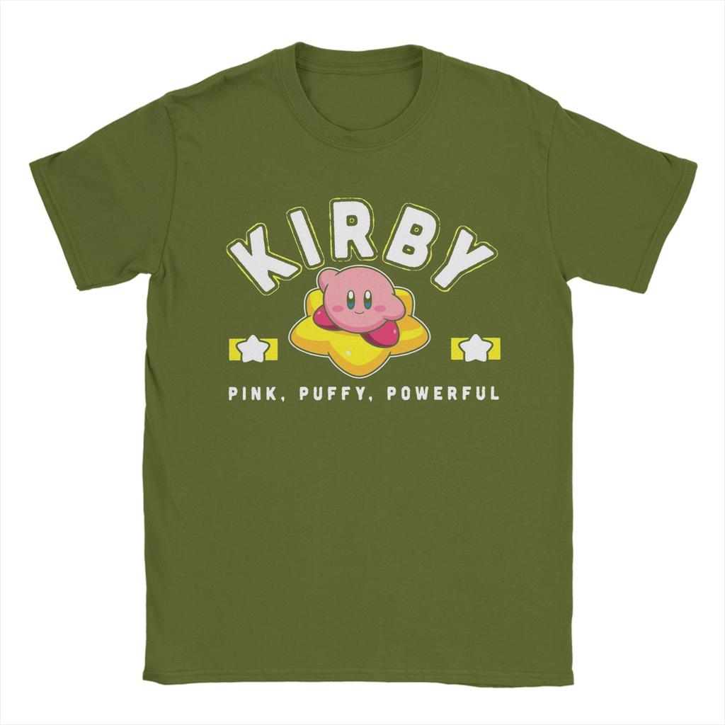 Kirbys Pink Puffy Powerful Star Frame Varsity TShirt Men Pure Cotton Tees Short Sleeve T Shirts Birthday Present Clothing