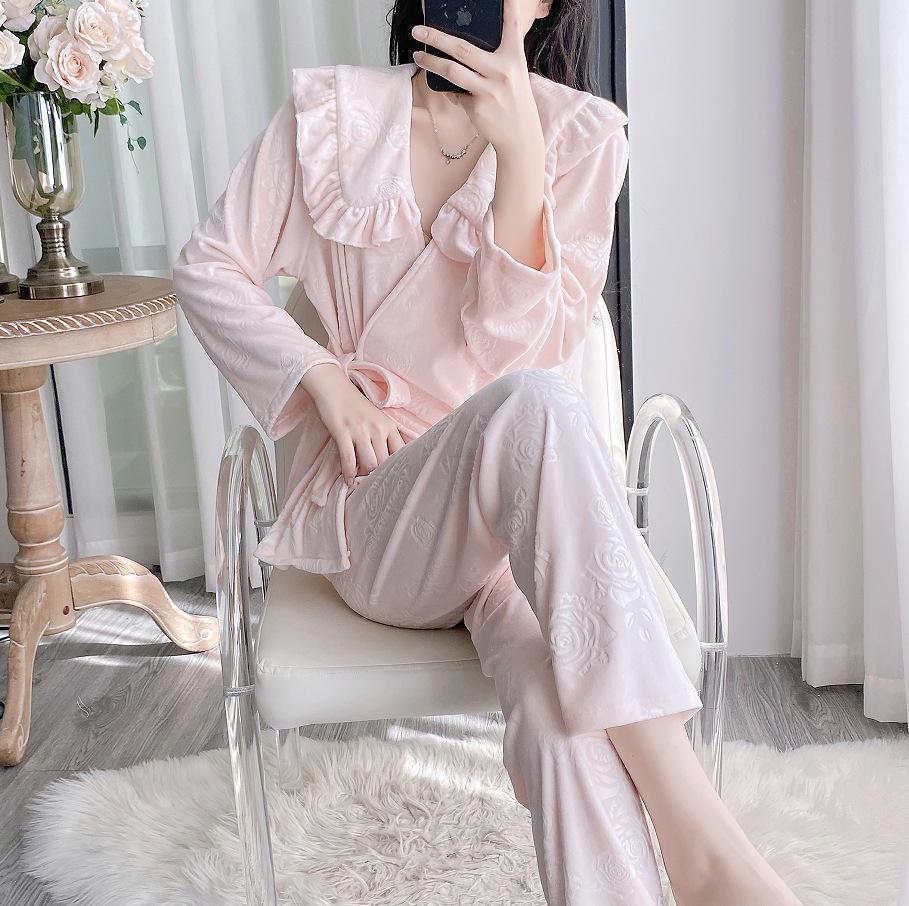 Warm island velvet winter pajamas spring and autumn long-sleeved trousers casual loose women's two-piece suit loungewear can be worn outside