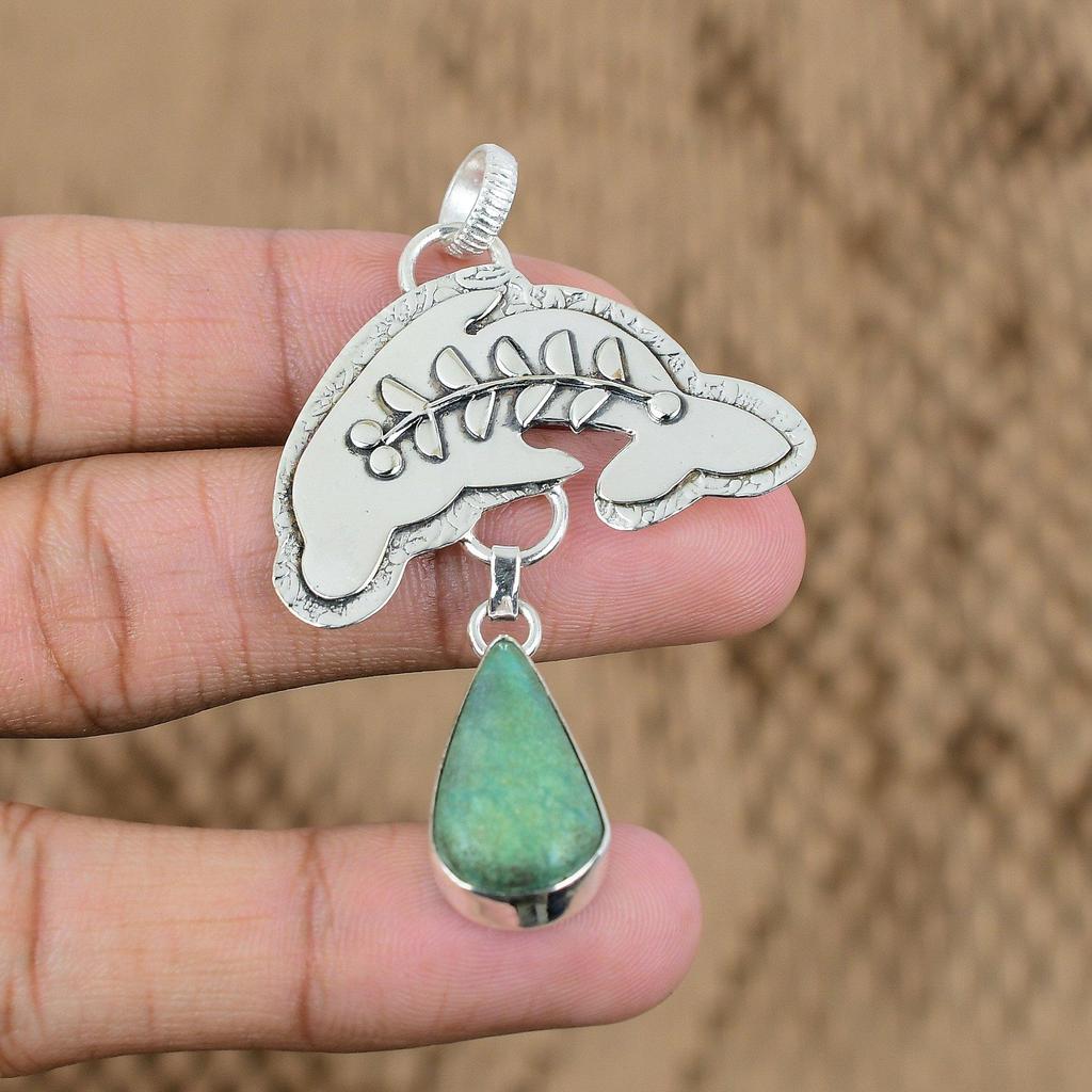 Anniversary Gift For Her Natural Chrysoprase Gemstone Pendant Fish 925 Silver