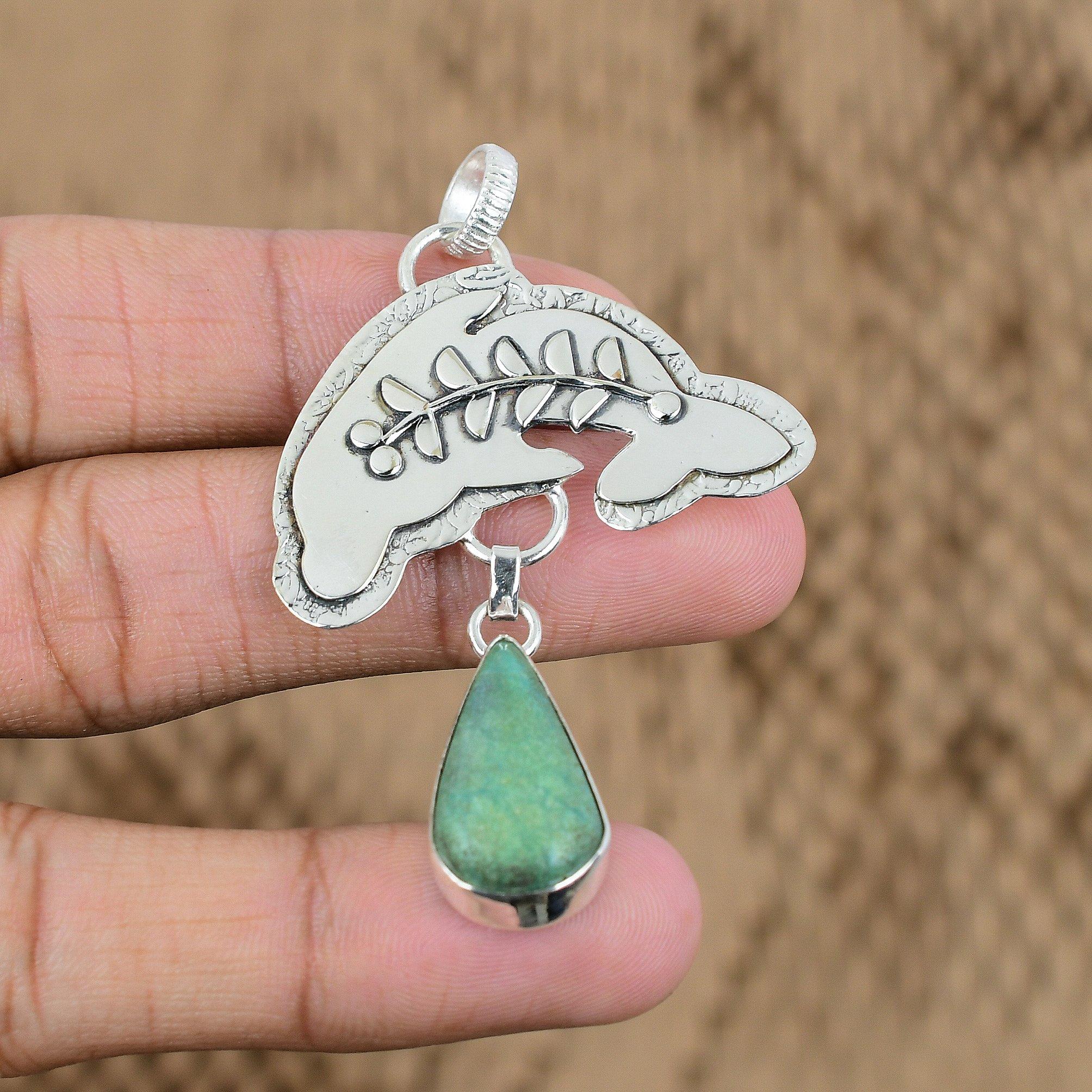 

Anniversary Gift For Her Natural Chrysoprase Gemstone Pendant Fish 925 Silver