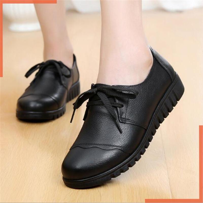 Fashion Spring Women Wedge Shoes Casual Loafers Female Black Soft Genuine Leather Flat Mother Shoes Comfort Female Black Work Shoes