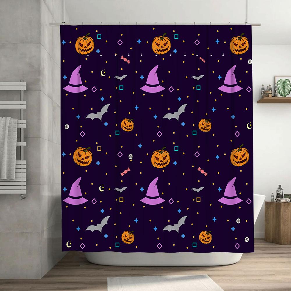 Purple Halloween Shower Curtain With Pumpkin Witches Hat Bats Candy Cane Pattern For Bathroom Decor In Home Accessories