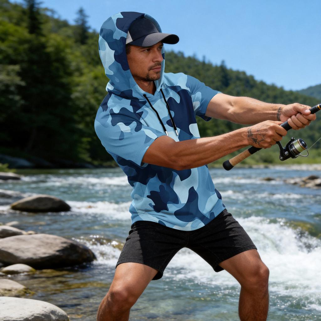 Men's Camouflage Print Raglan Sleeve Casual Sport Fishing Sun Protection Short Sleeve Hoodie Lightweight Breathable Outdoor Shirt