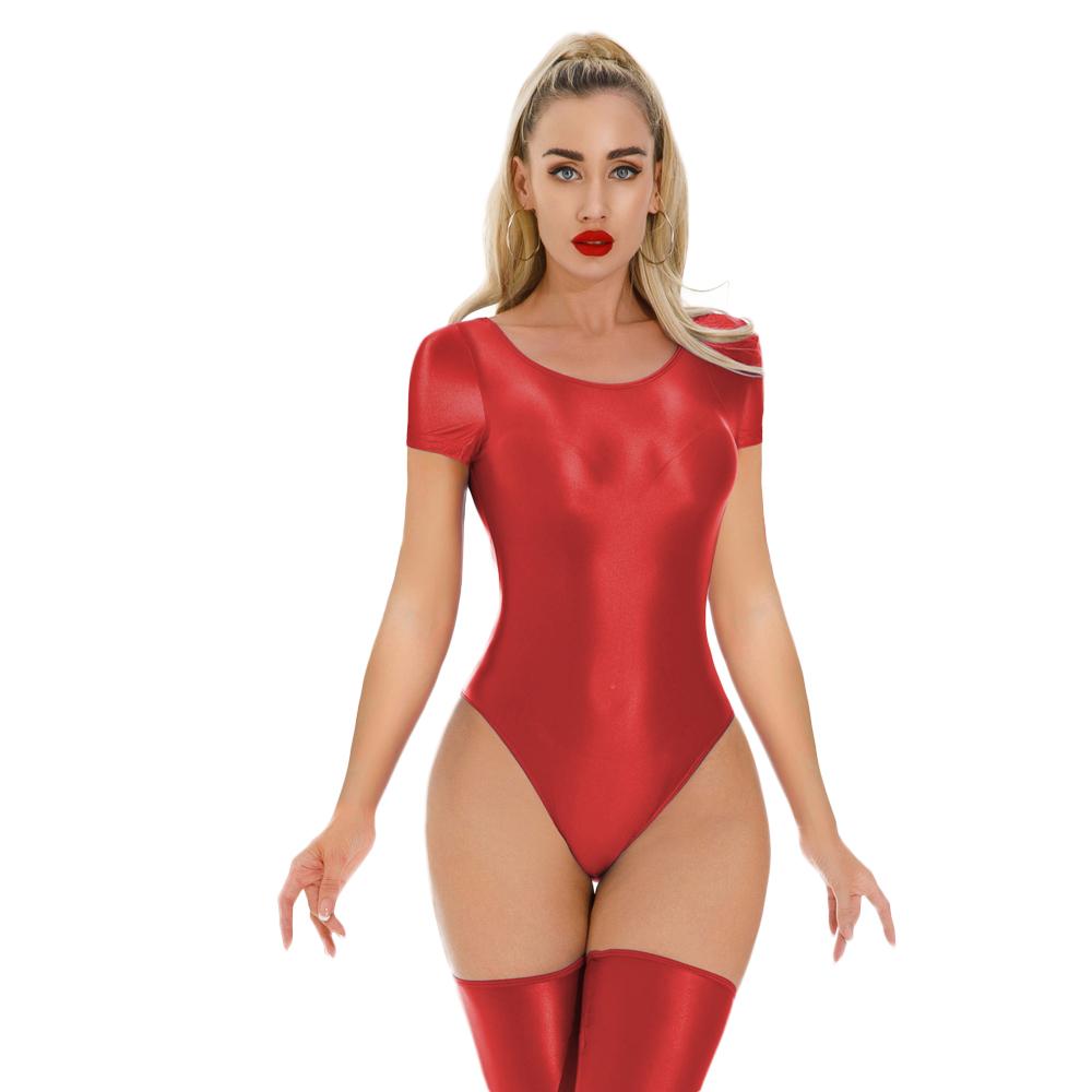 Sexy Women Yoga Stain Smooth Bodysuit Oil Glossy Shiny Elastic Maid Tights Yoga Shaping Leotard One Pieces Thong Dance Wear