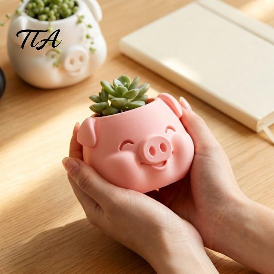 Mini Flower Pot 3D Printed Pig Shaped Flowerpot, Decorative Planter for Succulents Herb Green Plant Container Plants, Animal Holder Indoor Outdoor