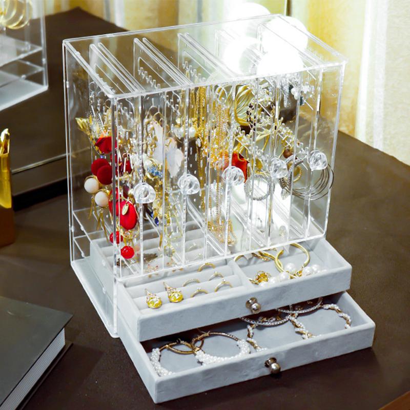 A Clear Earring And Necklace Display Case, Vintage Plastic Storage Case With Drawers For Bracelets, Rings And Accessories
