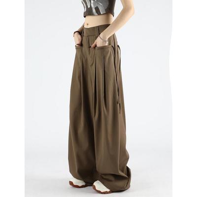 Hong Kong Style Retro Brown Wide Leg Suit Pants for Women 2024 Spring and Autumn New Style Loose Strap Hanging Floor Pants for Summer