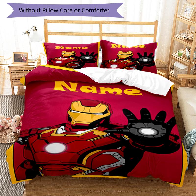 3pcs Custom Name Iron Man Bedding Set Duvet Cover Closure Includes 1 Duvet Cover & 2 Pillowcases, Soft and Comfortable for All Seasons.