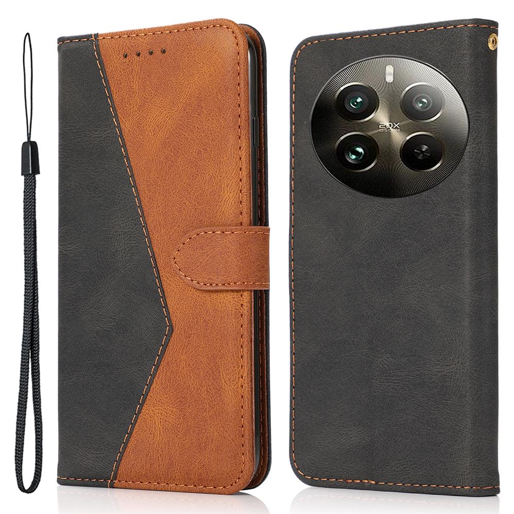 For Realme 12 4G/12+ 5G Cover Color Splicing Wallet Stand Leather Phone Case with Wrist Strap