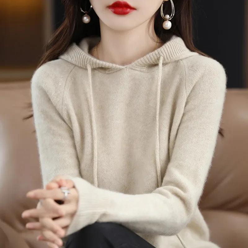 Pull à capuche pour femme, pull coréen ample, solide, manches longues, décontracté, automne hiver, épais, chaud, tricoté