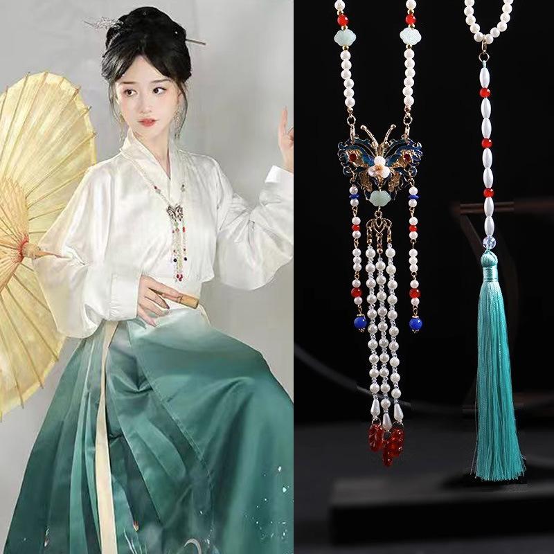 {Summer2} Hanfu Tassels Necklace Long Chain Vintage Chinese Necklace Tang Ming Dynasty Hanfu Pendant Necklace For Women Girl