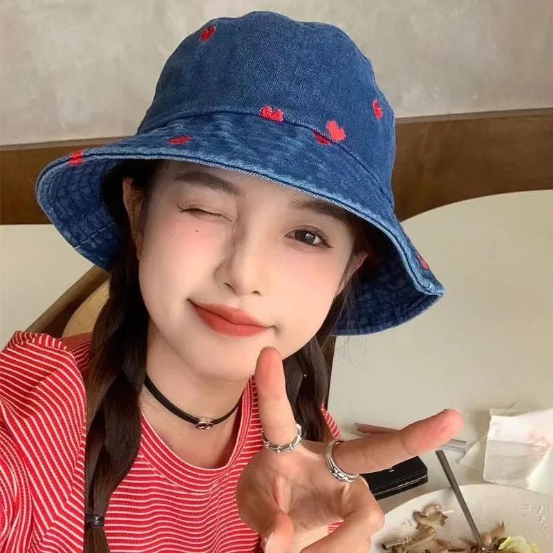 Embroidered Heart Women Bucket Hat Summer Jeans Fisherman Hats Denim Ladies Girl Outdoor Travel Sunshade Basin Cap