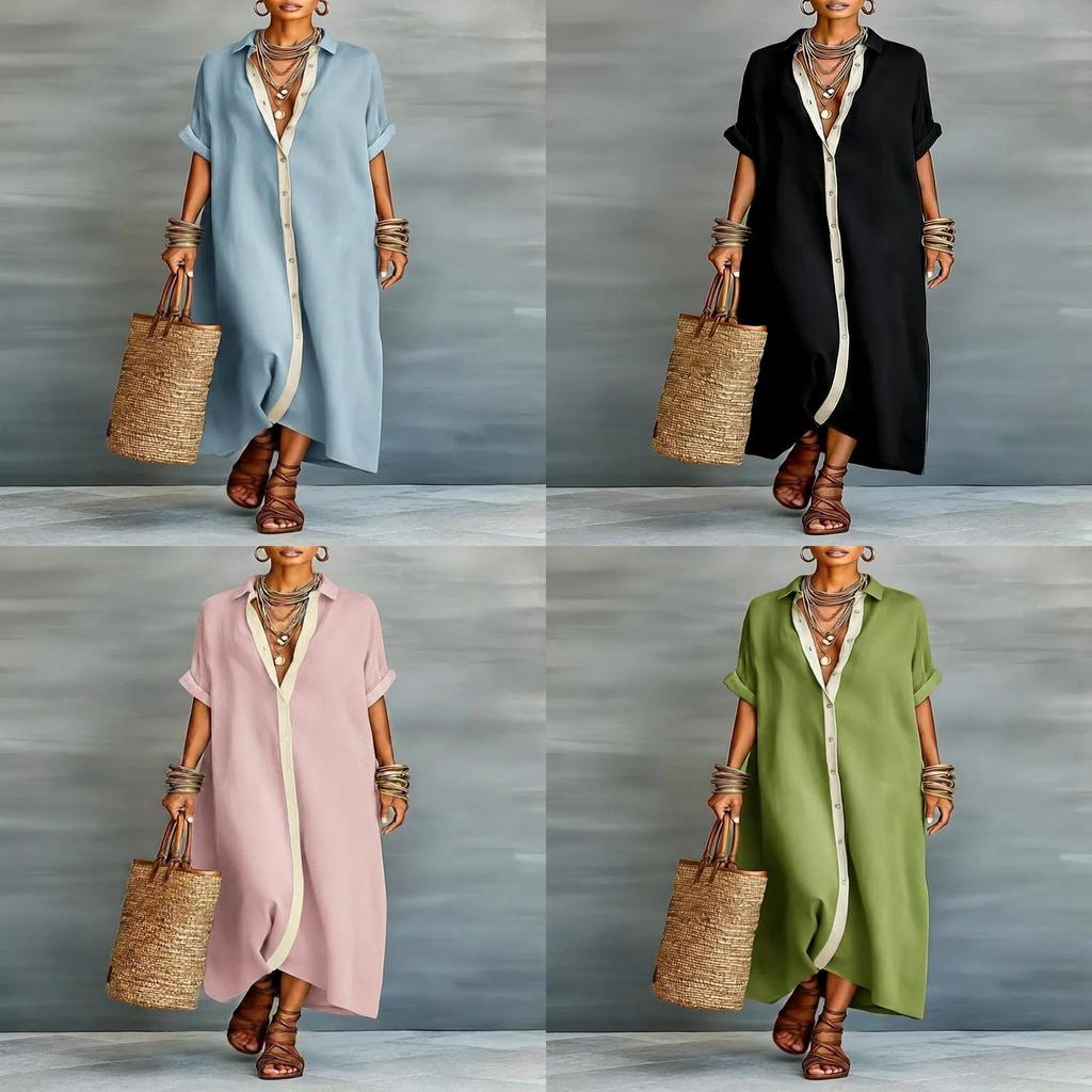 Spring Female Collared Cotton Linen Dress With Zipper For Travel And Office