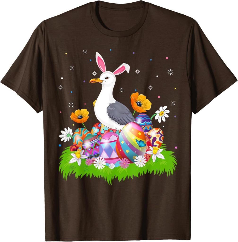 Seagull Bunny Ears Easter Eggs Graphic Tee Men Casual Cotton Short Sleeve T-Shirt