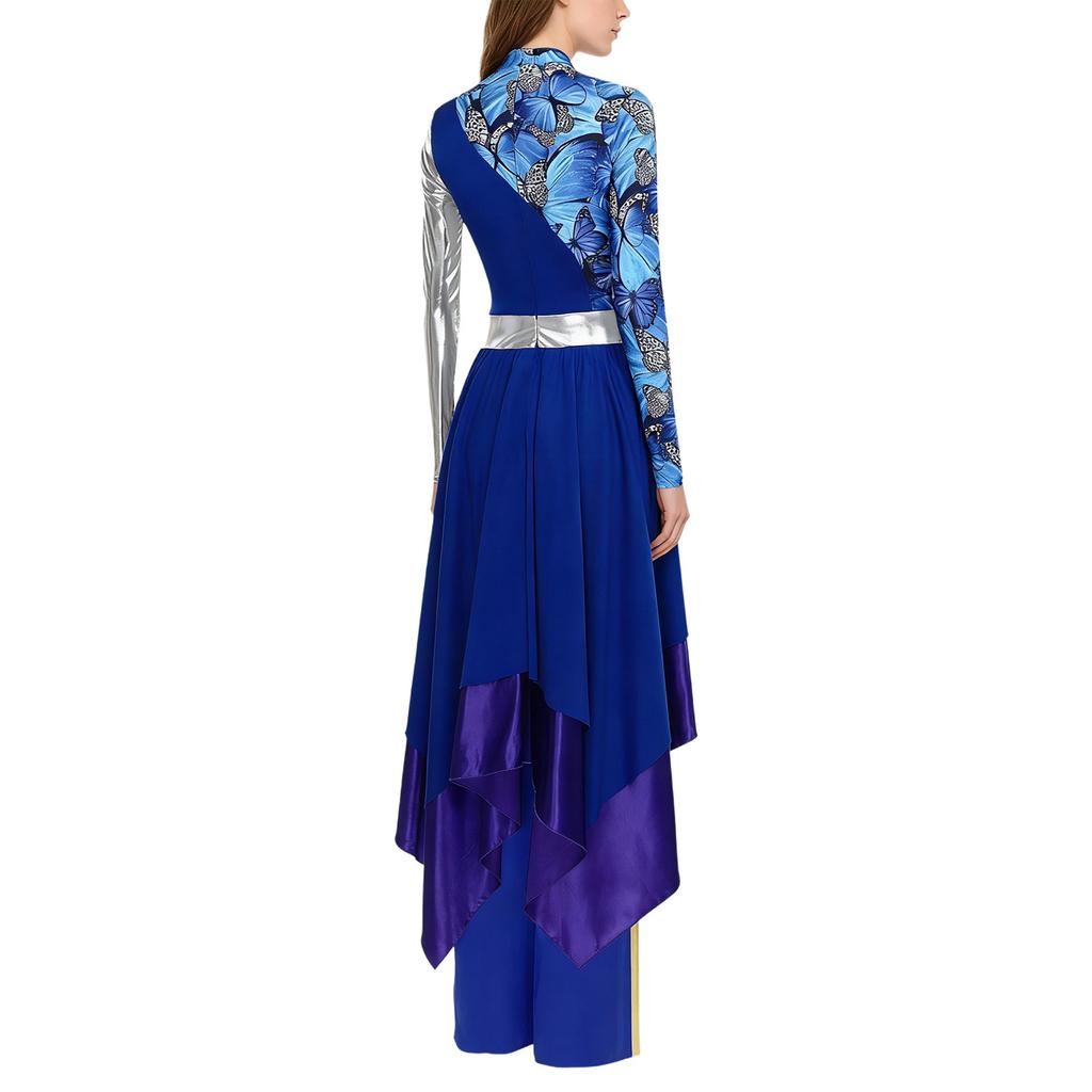 Womens Printed Dress Wide Leg Pants Set Irregular Hem Long Sleeve Metallic Patchwork Praise Dance Choir Wear