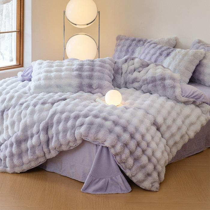 Rabbit Fleece Four-Piece Light Luxury Thickened Milk Fleece Bed Warm Double-Sided Fleece Quilt Cover Mattress Model