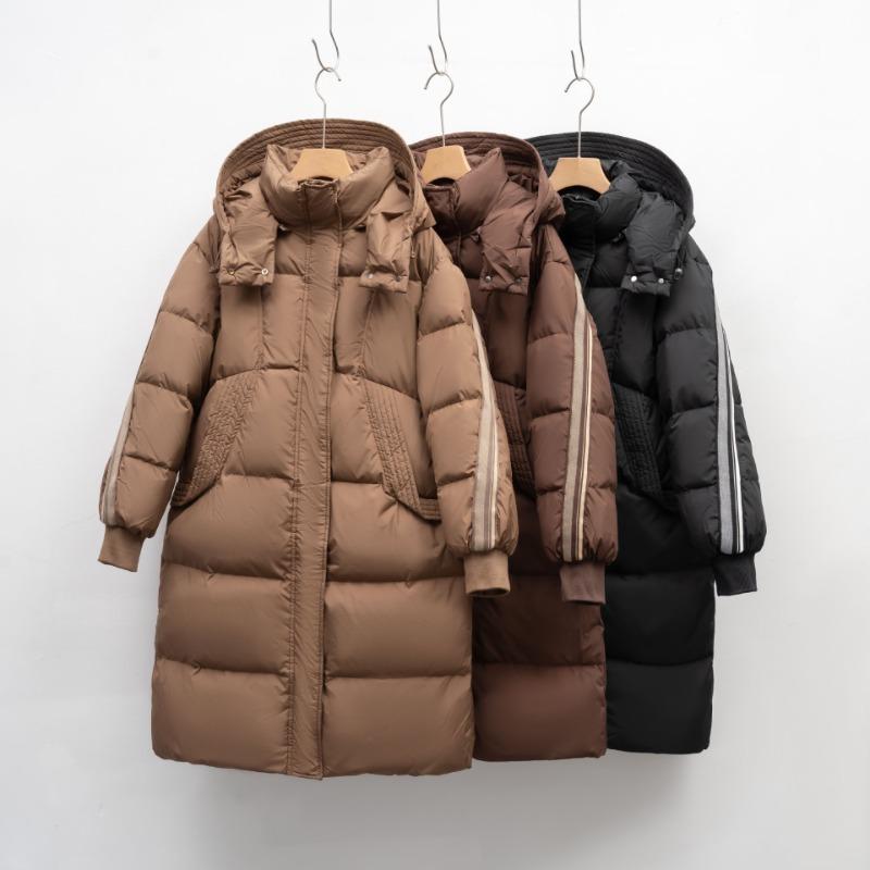 Pinghu Daunenjacke Damen Winter neue Mode mittel und lang Kaffeefarbe Retro weiße Entendaunenjacke mit Kapuze und verdickt