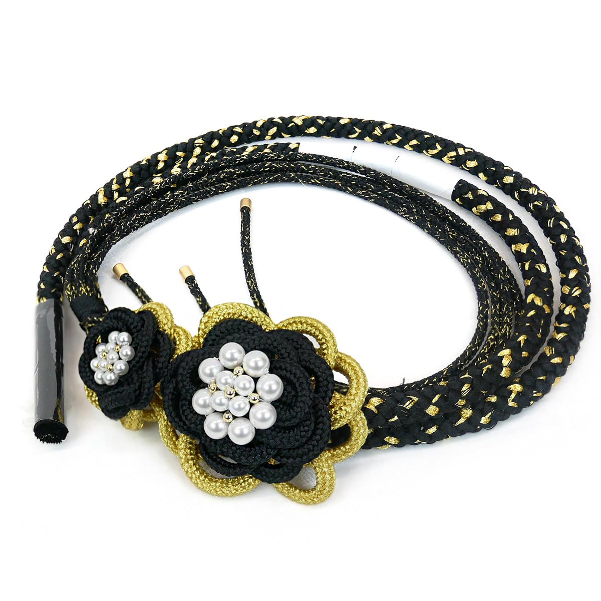 

[Kyoto Usagido] Pure Silk Furisode Obiage (Kimono Sash Cord) with Pearl Beads oj-086 Made in Japan Gold Thread Chrysanthemum Black Coming-of-Age