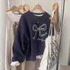 Huamian real shot vze crew neck sweater women's season loose bow embroidered top