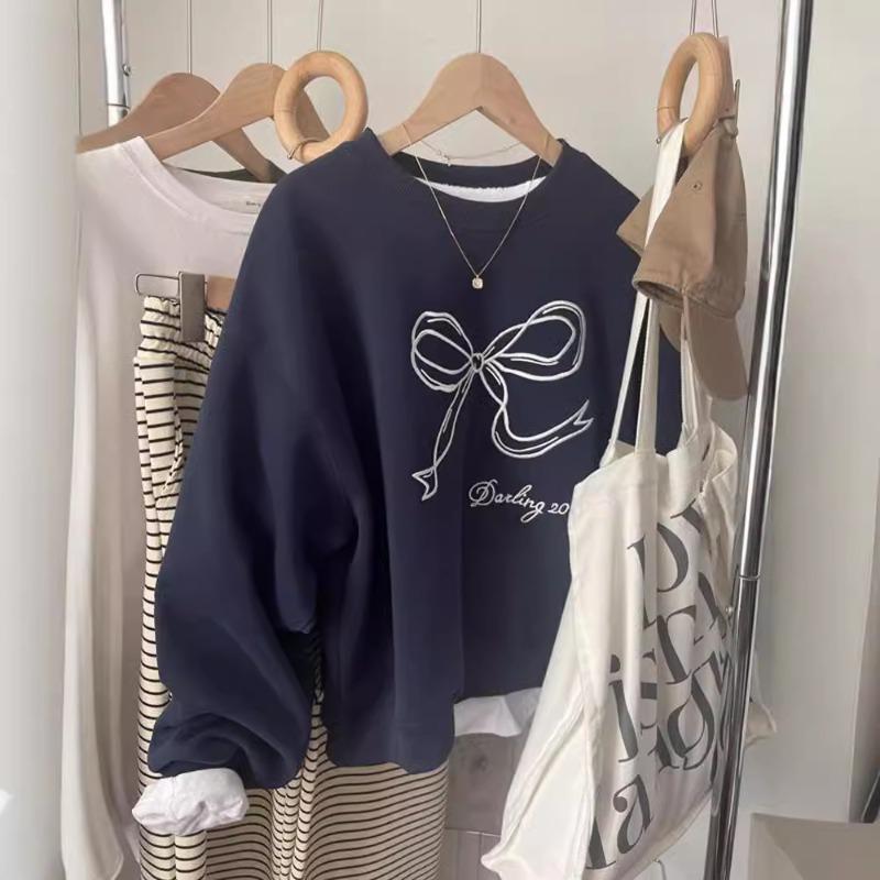 Huamian real shot vze crew neck sweater women's season loose bow embroidered top