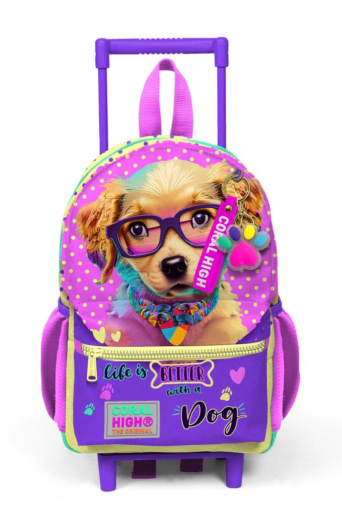 Rucsac cu roti Minik Yuva Galben Roz cu model câine drăguț, cu două compartimente 24052