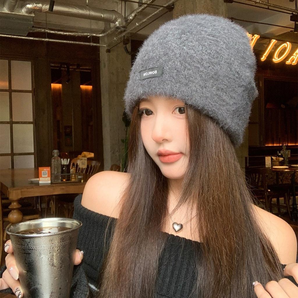 Autumn and winter warm and cold-proof plush big head circumference shows small face knitted wool hat woman