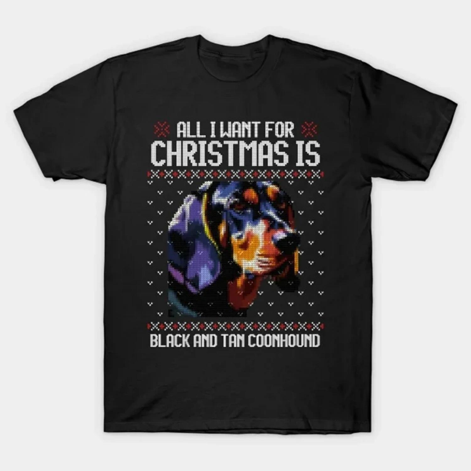 Neon Black and Tan Coonhound Ugly Christmas Sweater Dog Lovers Gift T-Shirt 100% Cotton O-Neck Short Sleeve Casual Mens T Shirt S чёрный
