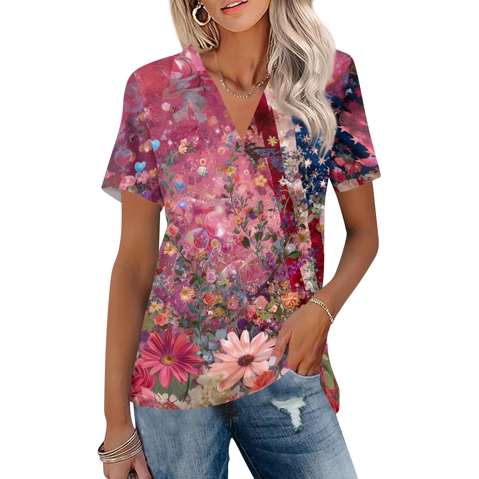 

Women’s Casual V Neck Short Sleeve Collared Top with Independence Day Inspired Print for Everyday Wear and Comfort XXL