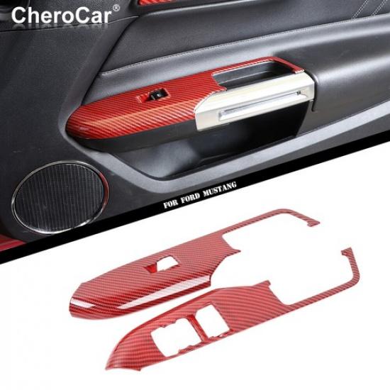Red Carbon Fiber Window Lift Switch Button Panel Cover For 2015+Ford Mustang