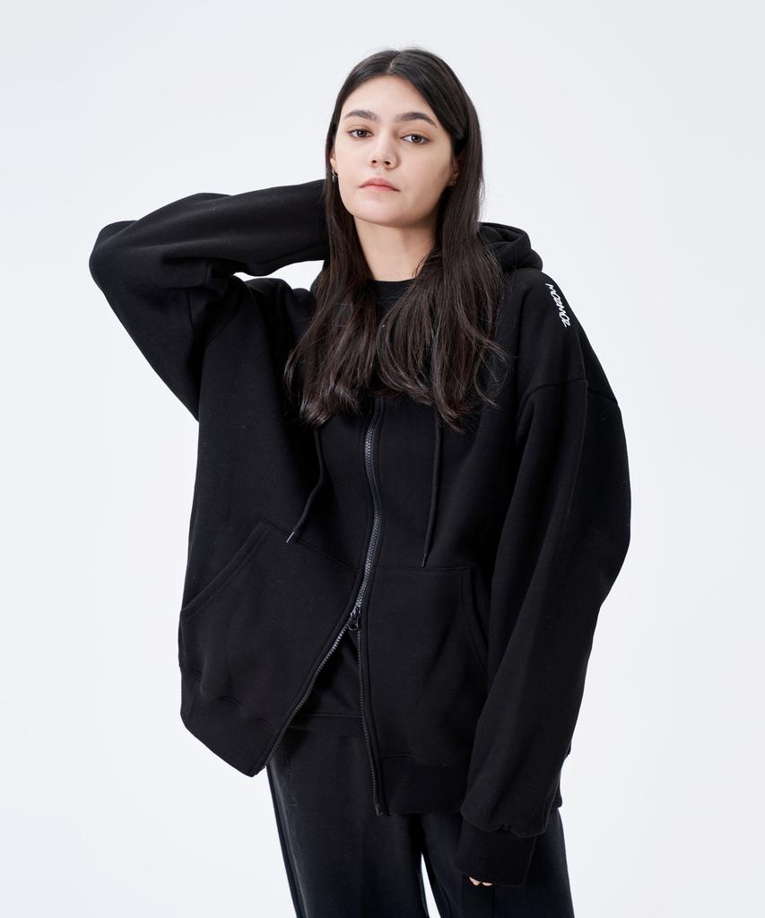 Mozmoz Shoulder Embroidery Oversized Two-Way Fleece Zip-Up Hoodie Black