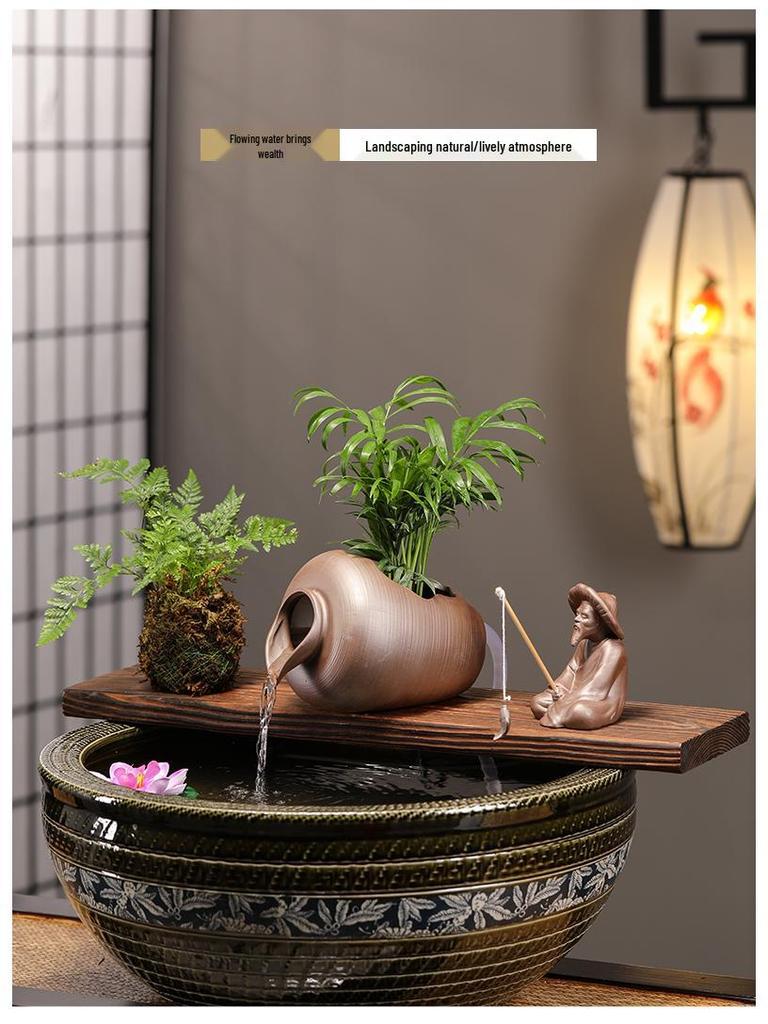 Ancient Method Fish Ecosystem: Flowing Water Pottery Jar with Open Circulation for Creative Landscaping and Balcony Décor.