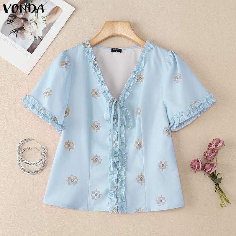 

VONDA Women V Neck Short Sleeve Buttons Up Ruffled Hem Print Casual Blouse 5XL синий