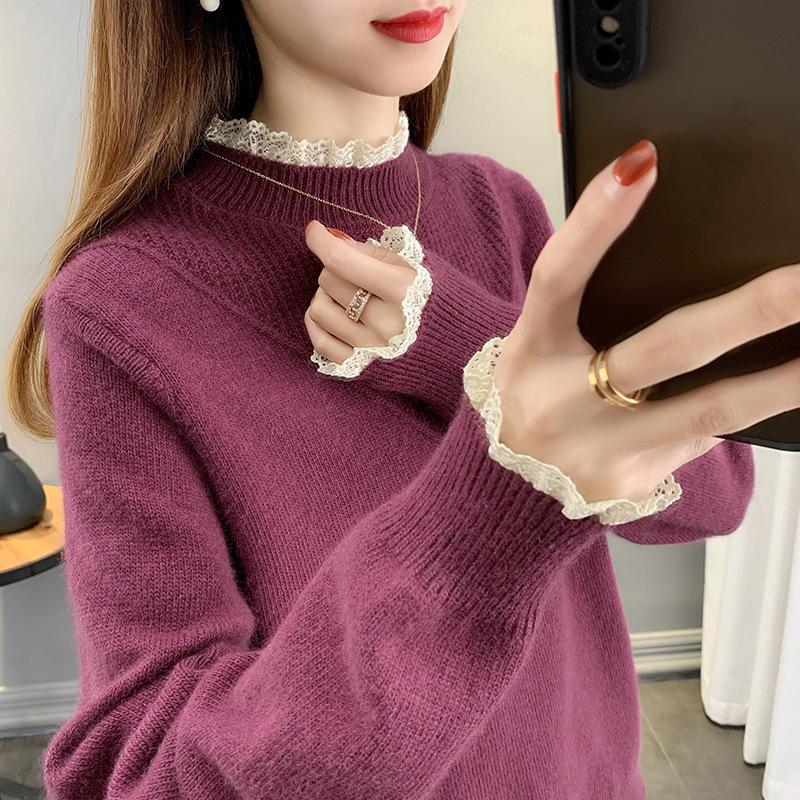 Winter Sweater Women Half High Collar Pullovers Thickened Bottom Sweater Lace Splice Overlay Tops Sweater