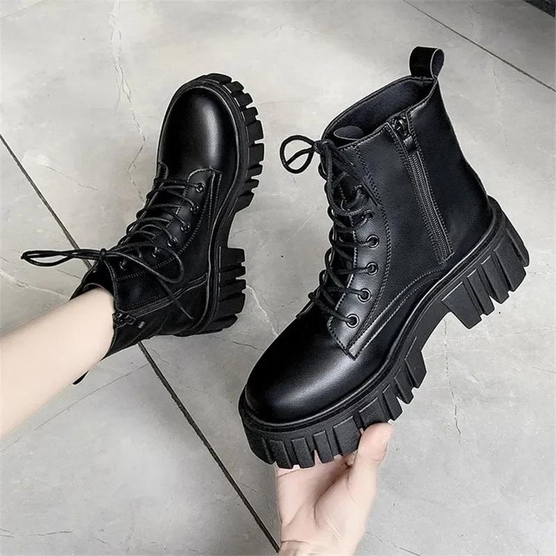 Fashion Rimocy 2025 New Women White Ankle Boots PU Leather Thick Sole Lace Up Combat Booties Female Autumn Winter Platform Shoes Woman