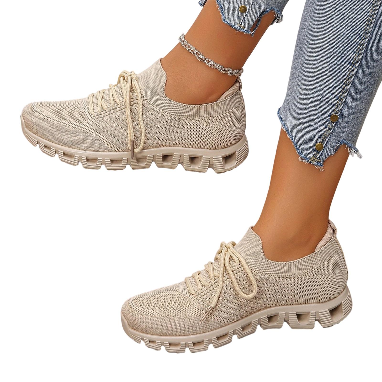 Women s Fashion Breathable Flyknit Lace-Up Casual Round Toe Sneakers Lightweight Flexible Sole Slip Resistant Design 36 бежевый