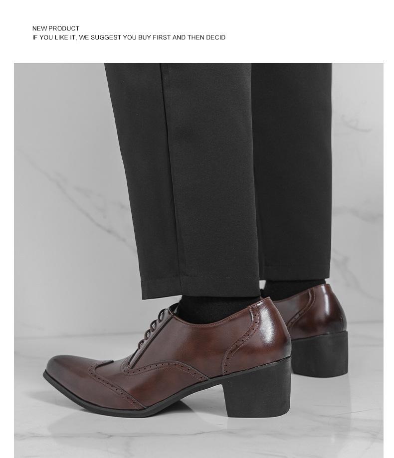 Men's British Autumn Formal Leather Shoes - Pointed Toe, Low-Top, Breathable, Lace-Up, Large Size, High Heel.